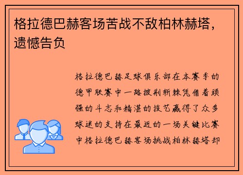 格拉德巴赫客场苦战不敌柏林赫塔，遗憾告负